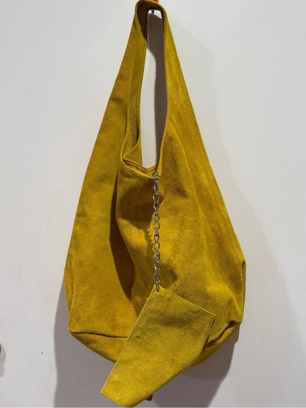 Yellow Large Crescent Hobo Shoulder Bag Zip Closure Lined Inner Pockets Silver